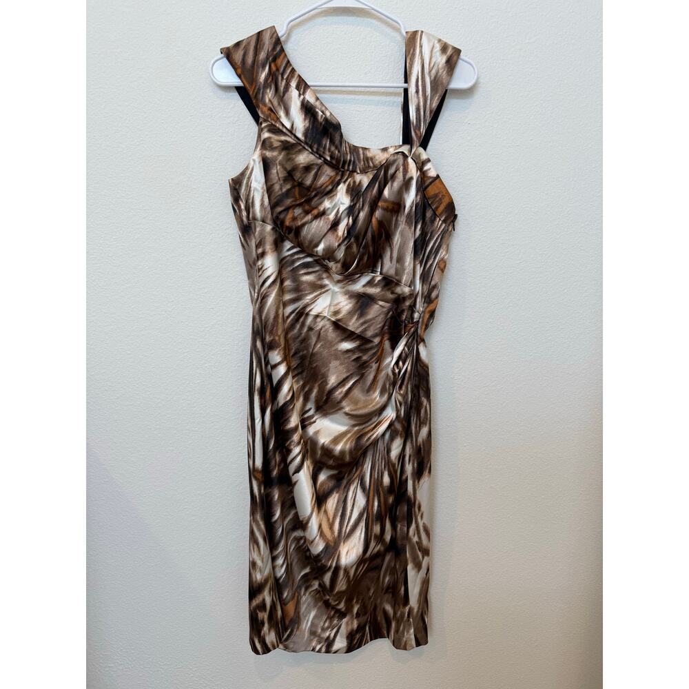 NWT Maggy London Brown Tan Cream Asymmetrical Neckline Cocktail Dress 14